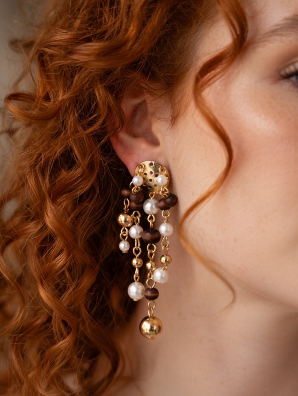 Free - Goldtone, Faux Pearl, Gold, and Wood Dangle Earrings A2